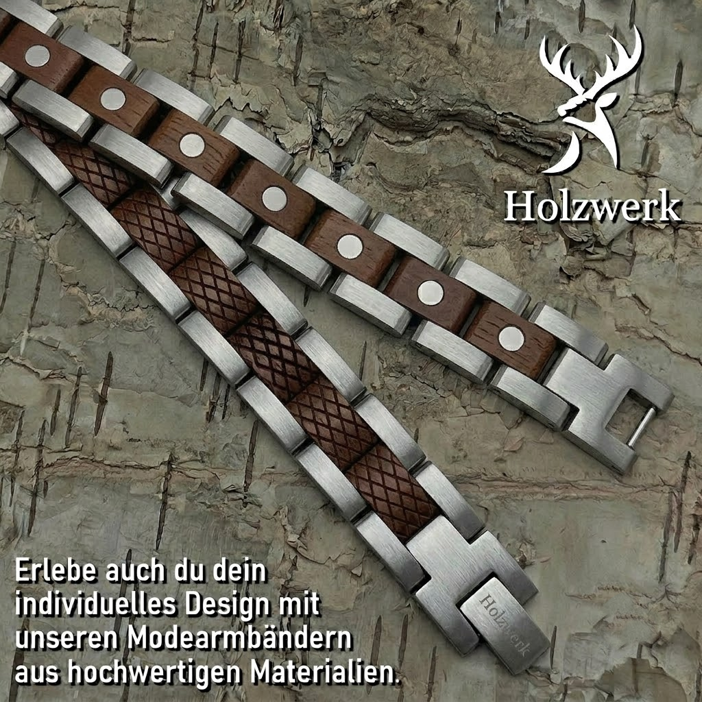 Holzwerk GORINSEE silber-braunes Magnet Armband aus Walnussholz und Edelstahl, Detailansicht der Gliederkonstruktion