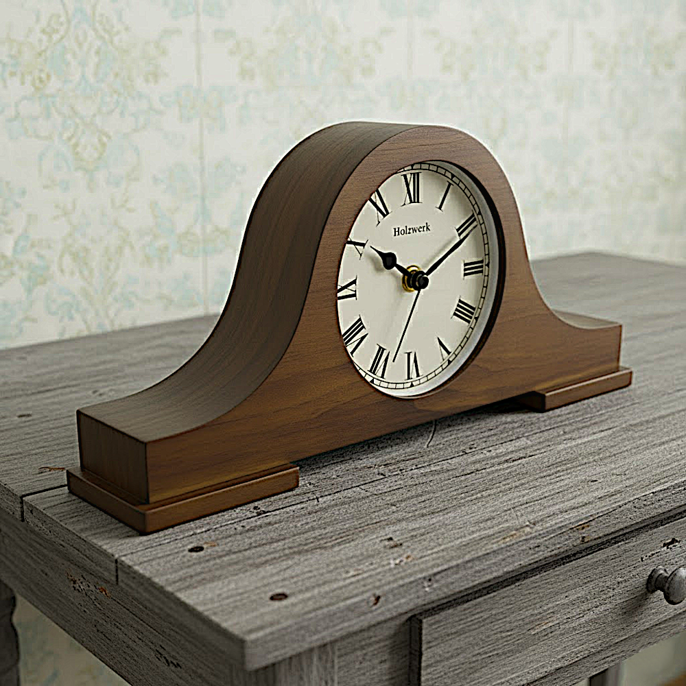 Holzwerk GOSLAR Vintage Tischuhr aus Walnussholz mit römischen Ziffern, analoges Quarz-Uhrwerk, Seitenansicht im Wohnbereich