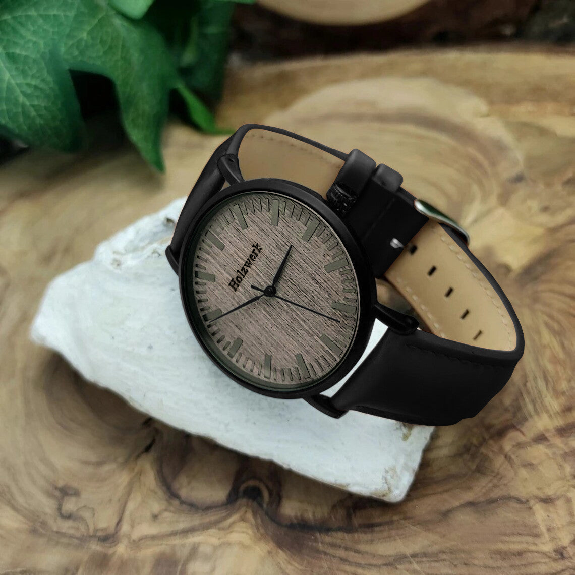 Holzwerk HAMBURG Damen und Herren Leder & Edelstahl Holz Armband Uhr, Damenuhr, Herrenuhr, flache Armbanduhr, Holzuhr, schwarz, grau, links liegend