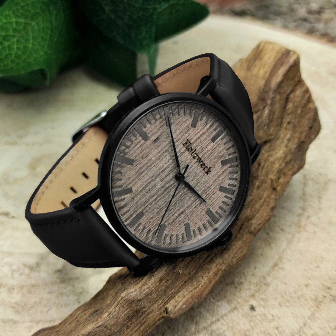 Holzwerk HAMBURG Damen und Herren Leder & Edelstahl Holz Armband Uhr, Damenuhr, Herrenuhr, flache Armbanduhr, Holzuhr, schwarz, grau, rechts liegend