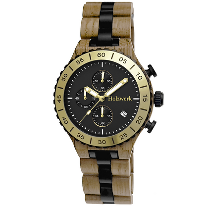 Holzwerk HAMELN Chronographen-Uhr aus Oliven-Holz mit Chronographen, Datumsanzeige und schwarz-goldenem Ziffernblatt