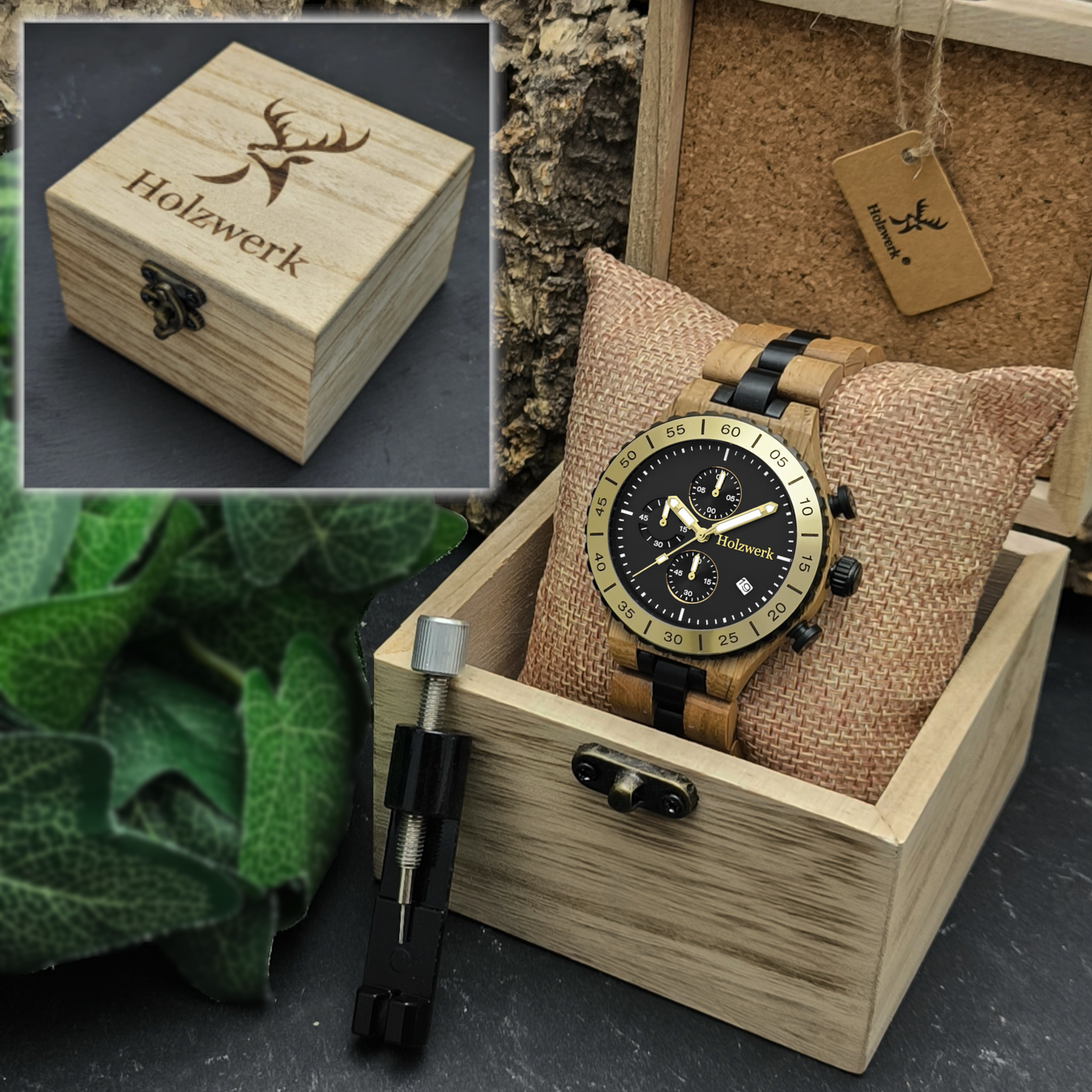 Holzwerk HAMELN Chronographen-Uhr aus Oliven-Holz mit Chronographen, Detailansicht der Holzwerk Verpackung