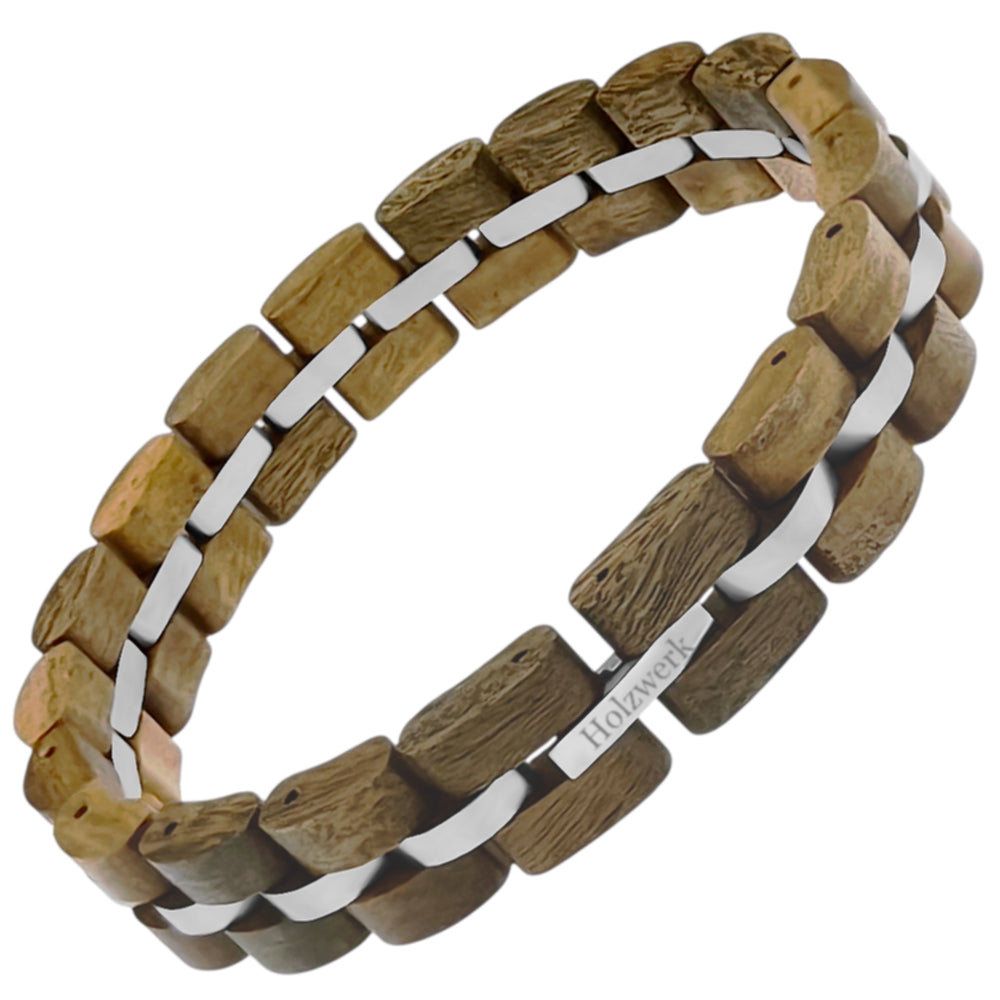 Holzwerk Hanfsee grünlich-silbernes Armband aus Olivenholz und Edelstahl mit Gliederkonstruktion, Frontansicht
