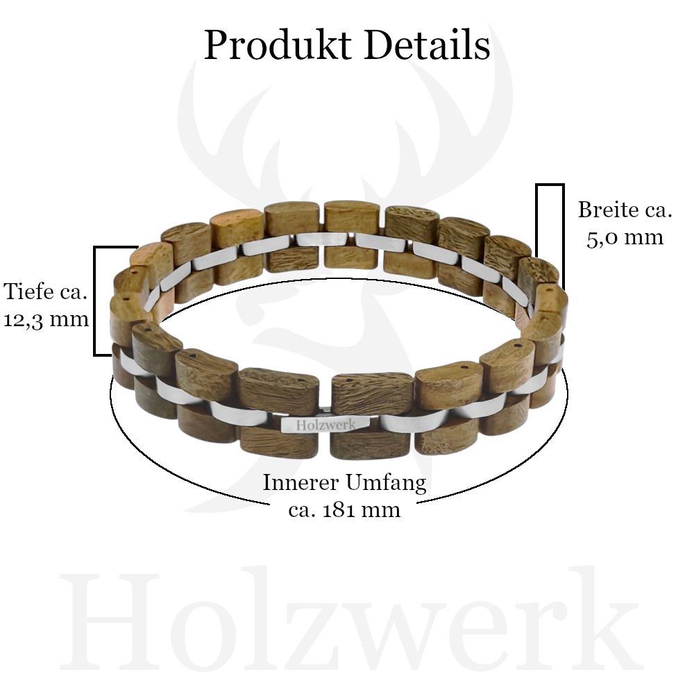 Holzwerk Hanfsee grünlich-silbernes Armband aus Olivenholz und Edelstahl mit Gliederkonstruktion mit Maßangaben 