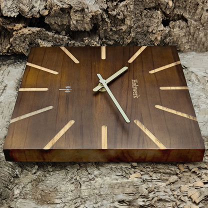 Holzwerk HERZBERG 25 cm moderne Funk-Wanduhr aus Vollholz mit braunem Zifferblatt und Holzzeigern, Seitenansicht rechts