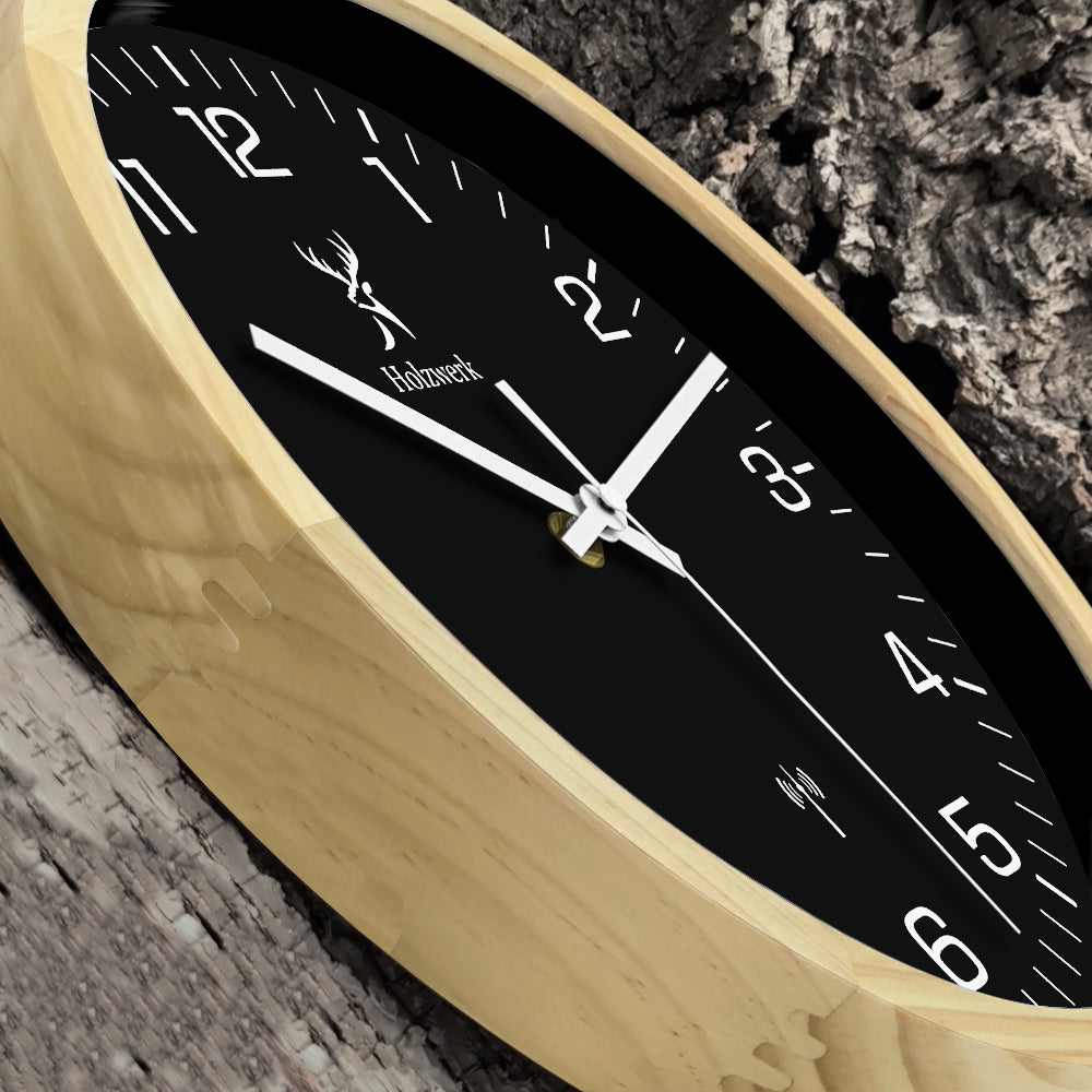 Holzwerk HILDBURG Designer Funk Holz Wanduhr ohne Tick-Geräusche, Moderne Loft Stil Funk Wand Uhr, Funkwanduhr 30 cm Durchmesser, beige, schwarz, weiß, seitlich