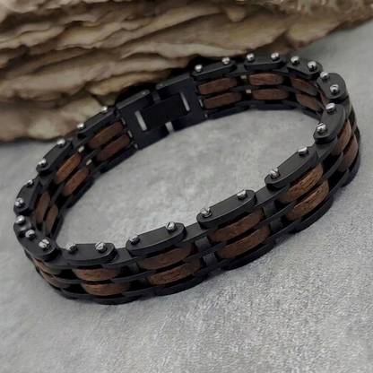 Holzwerk HINTERSEE schwarz-braunes  Holz Armband aus Walnussholz und Edelstahl mit Gliederkonstruktion Rückansicht