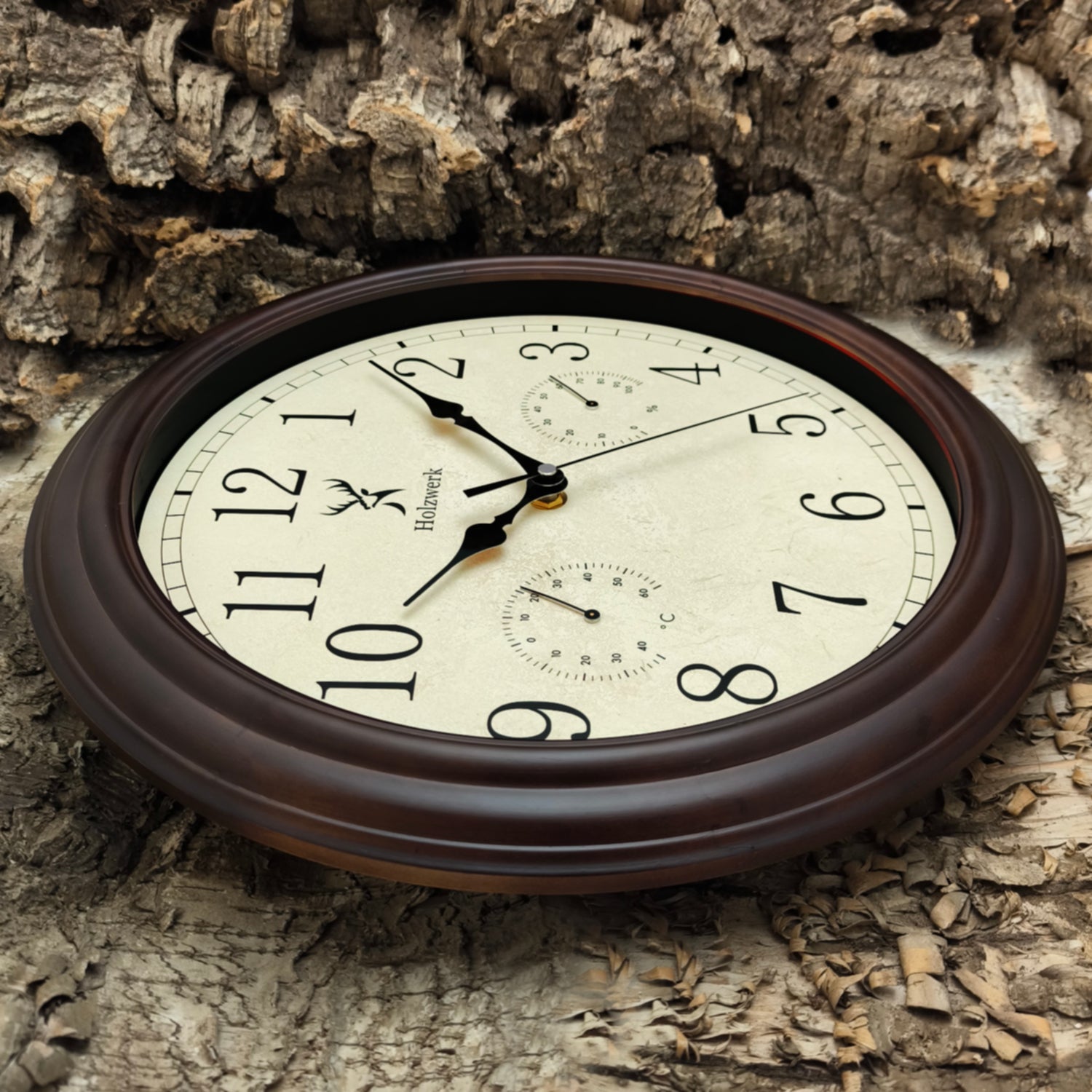 Holzwerk HORNBERG 35 cm Vintage Quarz-Wanduhr mit Temperatur- und Hygrometeranzeige sowie Funkuhrwerk, Seitenansicht links