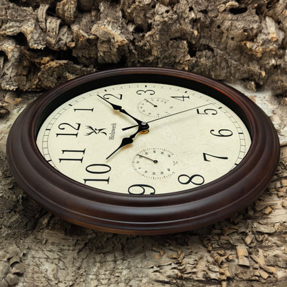 Holzwerk HORNBERG 35 cm Vintage Quarz-Wanduhr mit Temperatur- und Hygrometeranzeige sowie Funkuhrwerk, Seitenansicht links