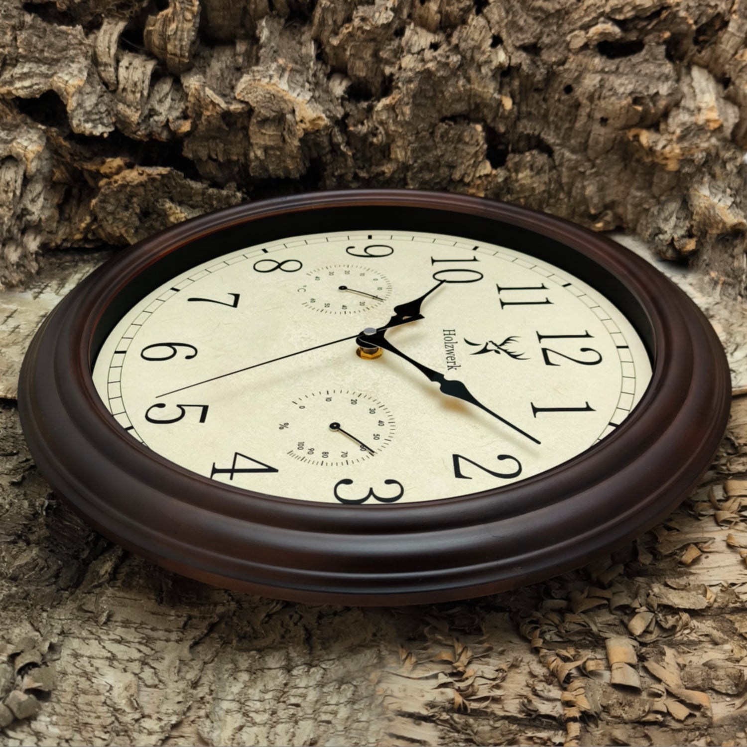Holzwerk HORNBERG 35 cm Vintage Quarz-Wanduhr mit Temperatur- und Hygrometeranzeige sowie Funkuhrwerk, Seitenansicht rechts