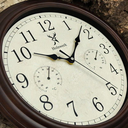 Detailaufnahme der Holzwerk HORNBERG 35 cm Retro Quarz-Wanduhr mit Fokus auf dem vintage Ziffernblatt und der Zeigerführung