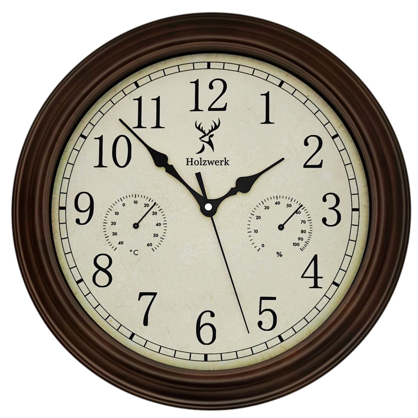 Holzwerk HORNBERG 35 cm Quarz-Wanduhr aus Holz im Vintage-Design mit Temperatur- und Hygrometeranzeige sowie Funkuhrwerk, Frontal