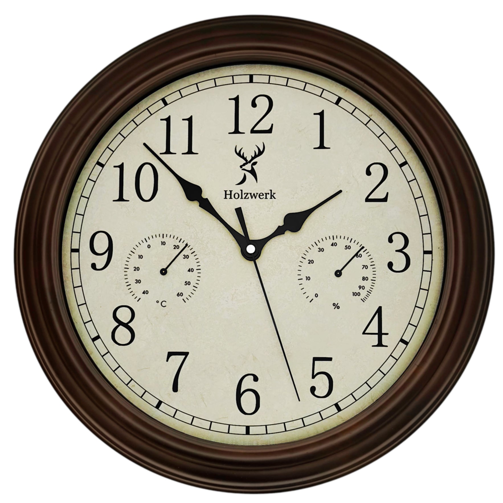 Holzwerk HORNBERG 35 cm Quarz-Wanduhr aus Holz im Vintage-Design mit Temperatur- und Hygrometeranzeige sowie Funkuhrwerk, Frontal