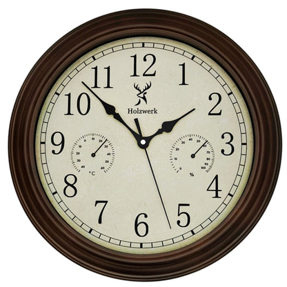 Holzwerk HORNBERG 35 cm Quarz-Wanduhr aus Holz im Vintage-Design mit Temperatur- und Hygrometeranzeige sowie Funkuhrwerk, Frontal