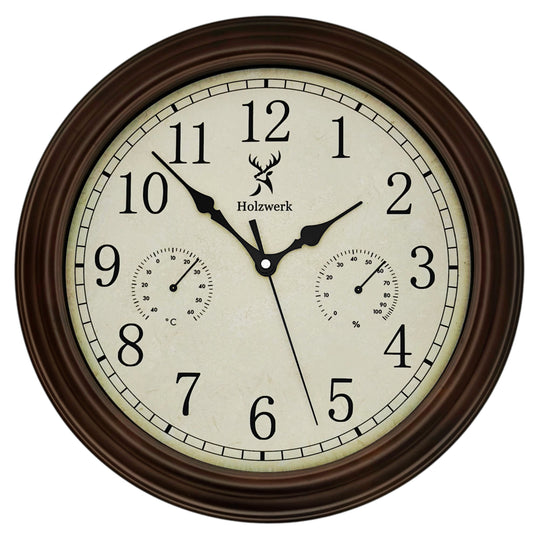 Holzwerk HORNBERG 35 cm Quarz-Wanduhr aus Holz im Vintage-Design mit Temperatur- und Hygrometeranzeige sowie Funkuhrwerk, Frontal