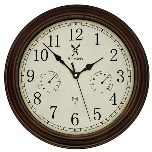 Holzwerk HORNBERG 35 cm Funk-Wanduhr aus Holz im Vintage-Design mit Temperatur- und Hygrometeranzeige sowie Funkuhrwerk, Frontal