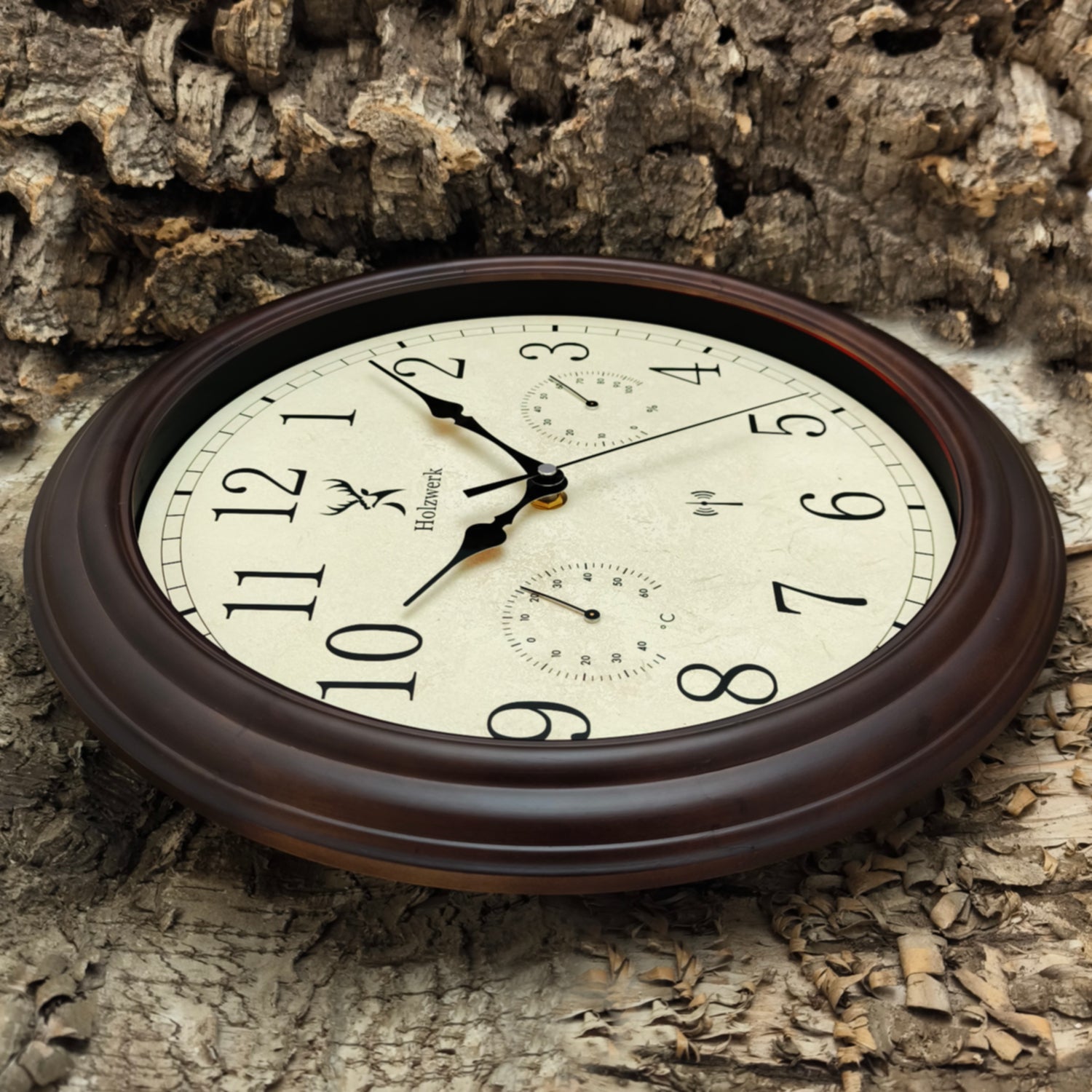 Holzwerk HORNBERG 35 cm Vintage Funk-Wanduhr mit Temperatur- und Hygrometeranzeige sowie Funkuhrwerk, Seitenansicht links