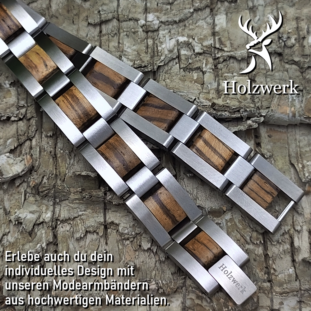 Holzwerk IDASEE Damen und Herren Holz & Edelstahl Armband aus Zebraholz  in silber und braun, Detailansicht der Gliederkonstruktion