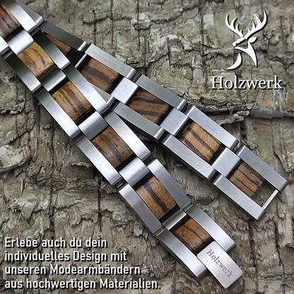 Holzwerk IDASEE Damen und Herren Holz & Edelstahl Armband aus Zebraholz  in silber und braun, Detailansicht der Gliederkonstruktion