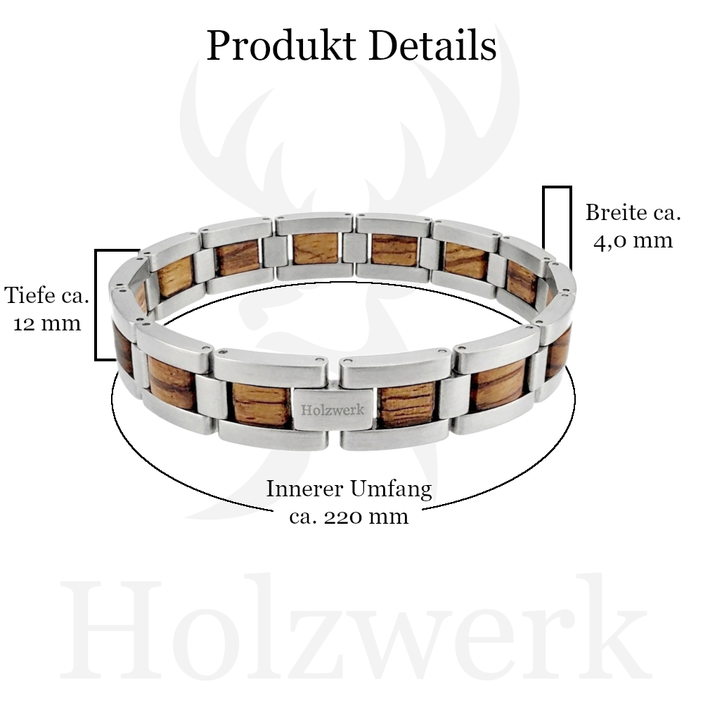 Holzwerk IDASEE Damen und Herren Holz & Edelstahl Armband aus Zebraholz  in silber und braun mit Maßangaben