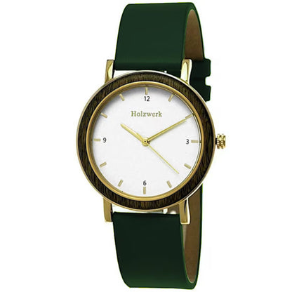 Holzwerk JENA Damenuhr mit 38 mm Gehäuse in Gold und Braun sowie weiß-goldenem Ziffernblatt und grünem Lederarmband, Frontal