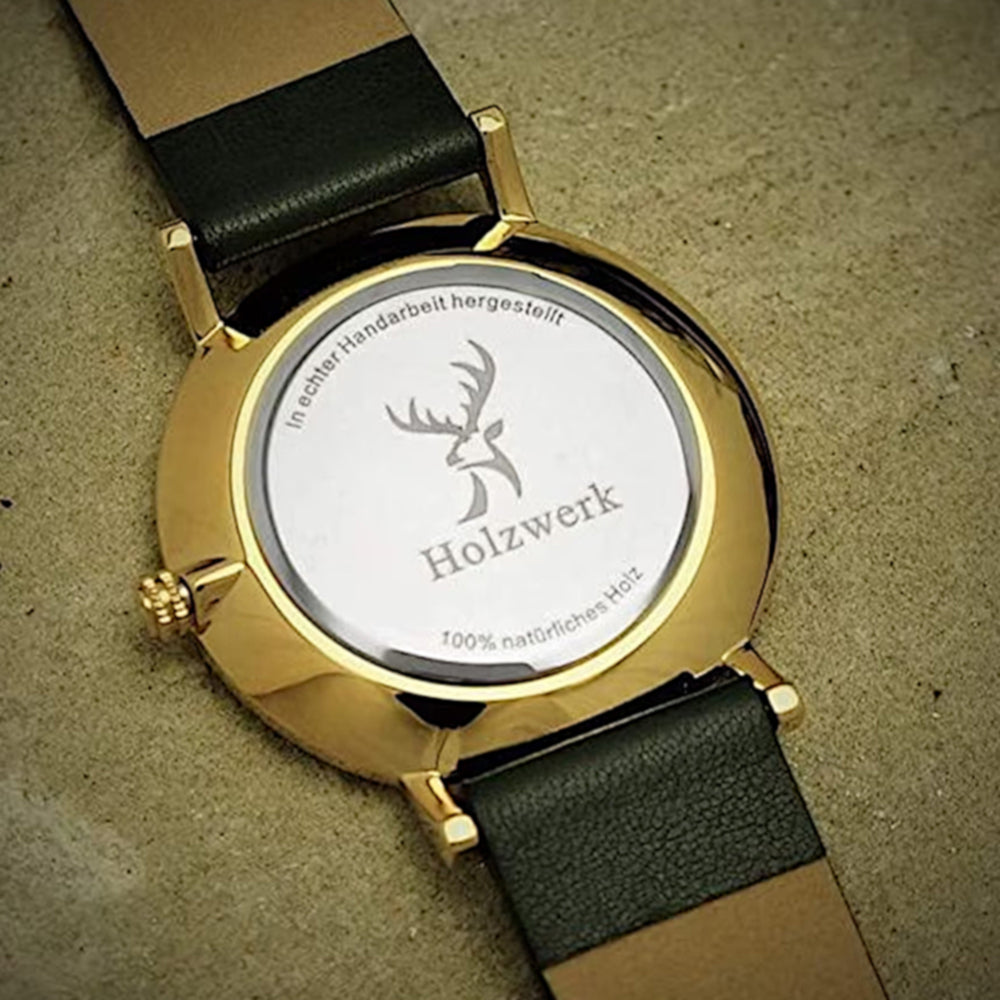 Holzwerk JENA Damenuhr in Gold und Braun sowie weiß-goldenem Ziffernblatt und grünem Lederarmband, Detailansicht des Gehäuses