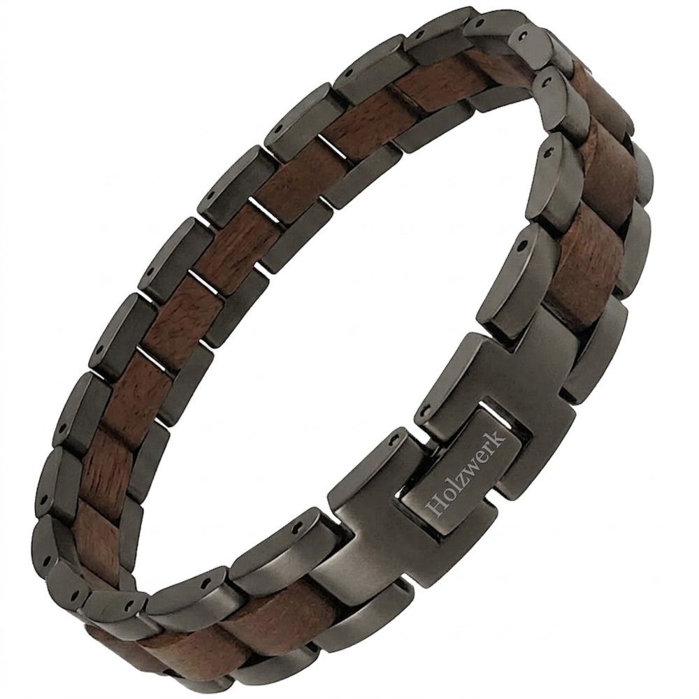 Holzwerk JUESSEE schwarz-braunes  Holz Armband aus Walnussholz und Edelstahl mit Gliederkonstruktion Frontansicht