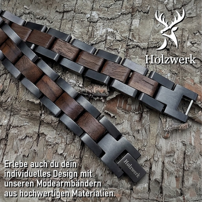 Holzwerk JUESSEE schwarz-braunes  Holz Armband aus Walnussholz und Edelstahl, Detailansicht der Gliederkonstruktion