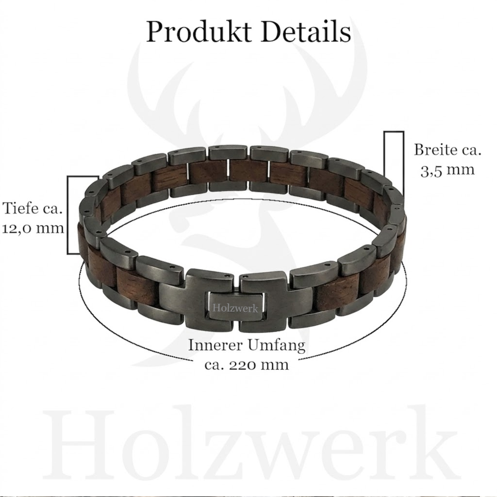 Holzwerk JUESSEE schwarz-braunes  Holz Armband aus Walnussholz und Edelstahl mit Maßangaben