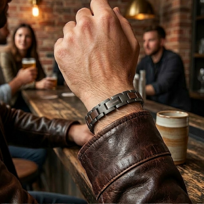 Holzwerk JUESSEE schwarz-braunes  Holz Armband aus Walnussholz und Edelstahl am Handgelenk getragen