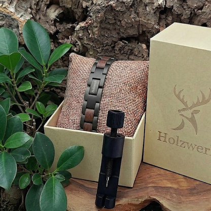 Holzwerk JUESSEE schwarz-braunes  Holz Armband aus Walnussholz und Edelstahl in Holzwerk Uhrenbox