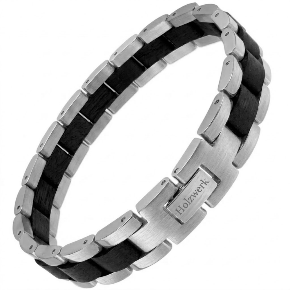 Holzwerk KALKSEE silber-schwarzes  Holz Armband aus Ebonyholz und Edelstahl mit Gliederkonstruktion Schrägansicht