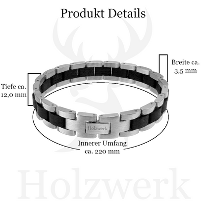 Holzwerk KALKSEE silber-schwarzes  Holz Armband aus Ebonyholz und Edelstahl mit Maßangaben