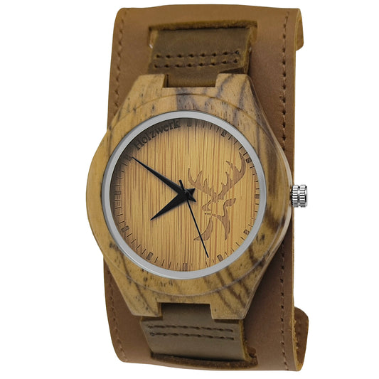 Holzwerk KEMBERG breite Damen und Herren Holz Armband Uhr mit Hirsch Logo, moderne Leder Armbanduhr, Designer Uhr in braun, beige, Hauptbild