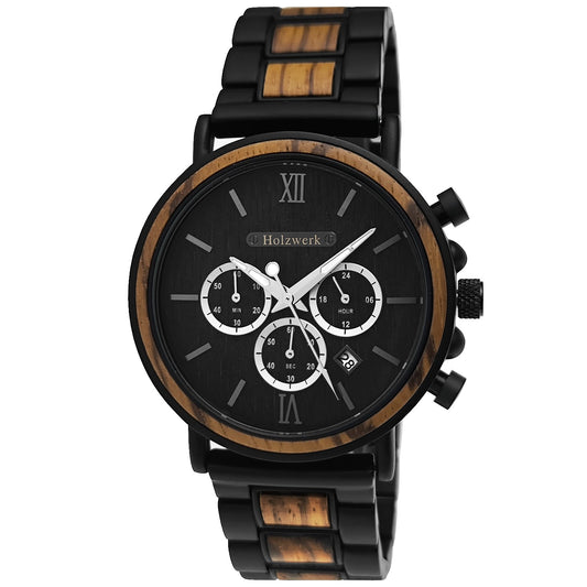 Holzwerk KERPEN Holz Uhr Chronograph mit Datum, schwarz, beige, Hauptbild