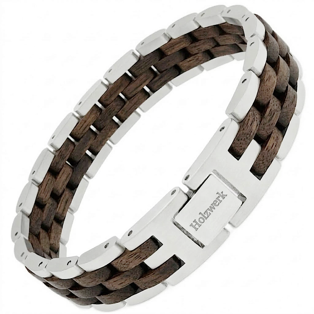Holzwerk KRAICHSEE silber-braunes  Holz Armband aus Walnussholz und Edelstahl mit Gliederkonstruktion Schrägansicht