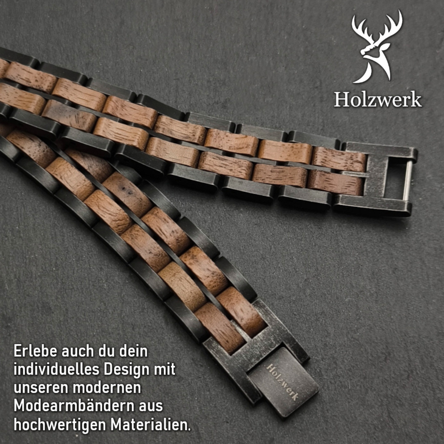 Holzwerk KRIENSEE grau-braunes Armband aus Walnussholz und Edelstahl mit Gliederkonstruktion als Detailansicht der Glieder