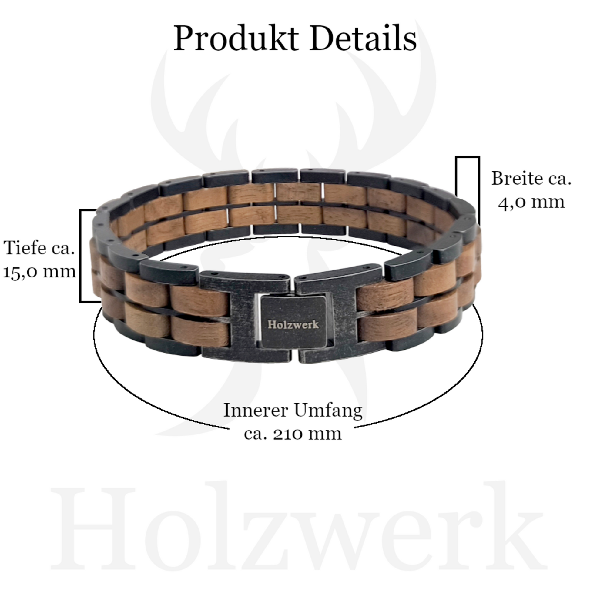 Holzwerk KRIENSEE grau-braunes Armband aus Walnussholz und Edelstahl mit Gliederkonstruktion mit Maßen
