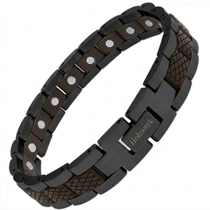 Holzwerk LANGESEE schwarz-braunes  Magnet Armband aus Walnussholz und Edelstahl mit Gliederkonstruktion Schrägansicht