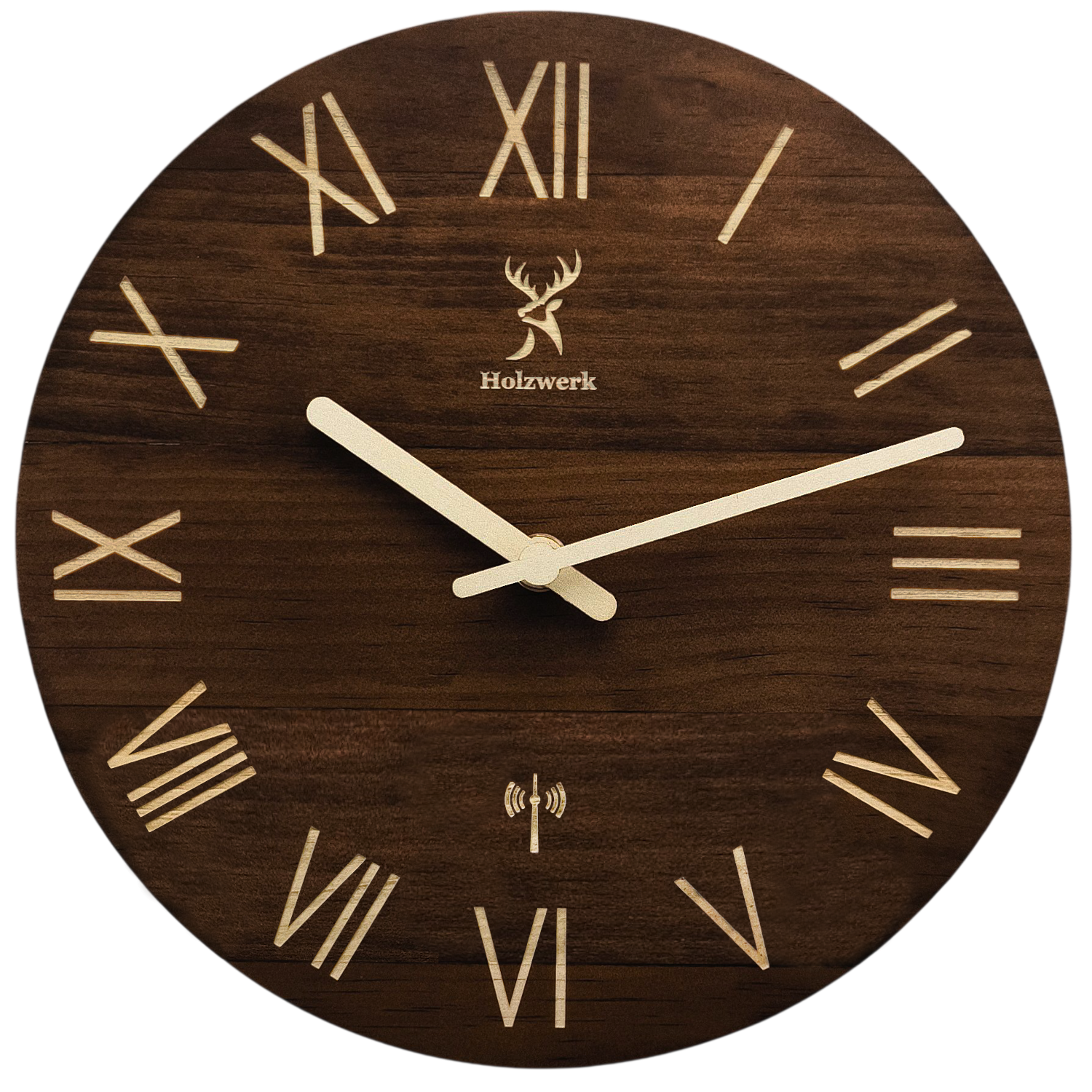 Holzwerk LAUENAU 40 cm robuste Vintage Holz-Funk Wanduhr aus Massivholz mit römischen Ziffern als Frontansicht