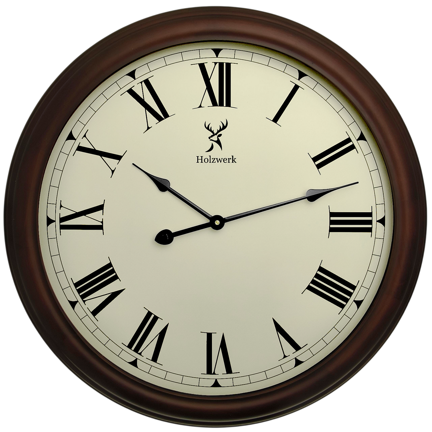 Holzwerk LEBACH 60 cm Vintage Quarz-Wanduhr mit Frontansicht und römischen Ziffern