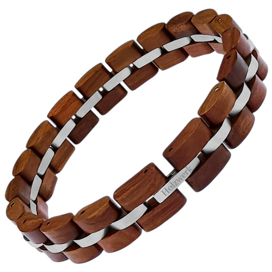 Holzwerk LEHMSEE braun-silbernes Holz Armband aus hochwertigem Sandel und Edelstahl mit Gliederkonstruktion Frontansicht