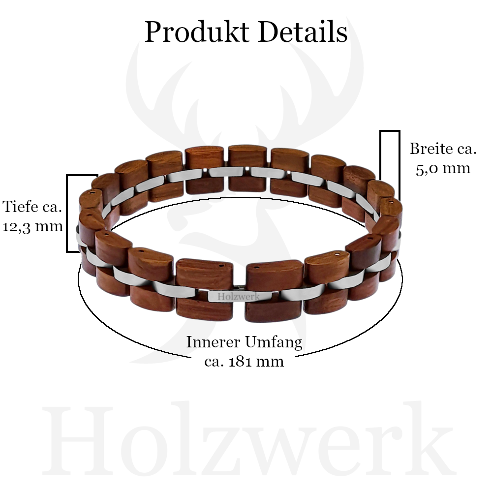 Holzwerk LEHMSEE braun-silbernes Holz Armband aus Sandel und Edelstahl mit Gliederkonstruktion mit Maßen