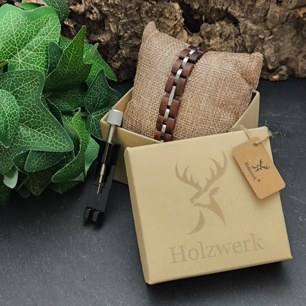 Holzwerk LEHMSEE braun-silbernes Holz Armband aus Sandel und Edelstahl mit Gliederkonstruktion in Holzwerk Verpackung