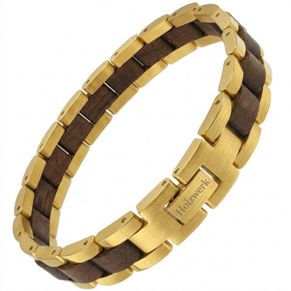 Holzwerk LEHNSEE gold-braunes Holz Armband aus Walnussholz und Edelstahl mit Gliederkonstruktion Frontansicht