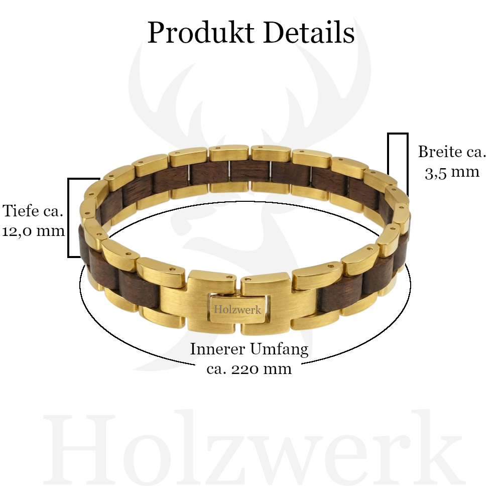Holzwerk LEHNSEE gold-braunes Holz Armband aus Walnussholz und Edelstahl mit Gliederkonstruktion mit Maßangaben