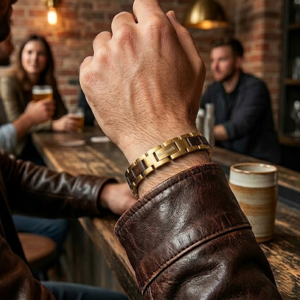 Holzwerk LEHNSEE gold-braunes Holz Armband aus Walnussholz und Edelstahl mit Gliederkonstruktion am Handgelenk getragen