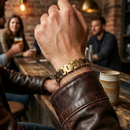 Holzwerk LEHNSEE gold-braunes Holz Armband aus Walnussholz und Edelstahl mit Gliederkonstruktion am Handgelenk getragen