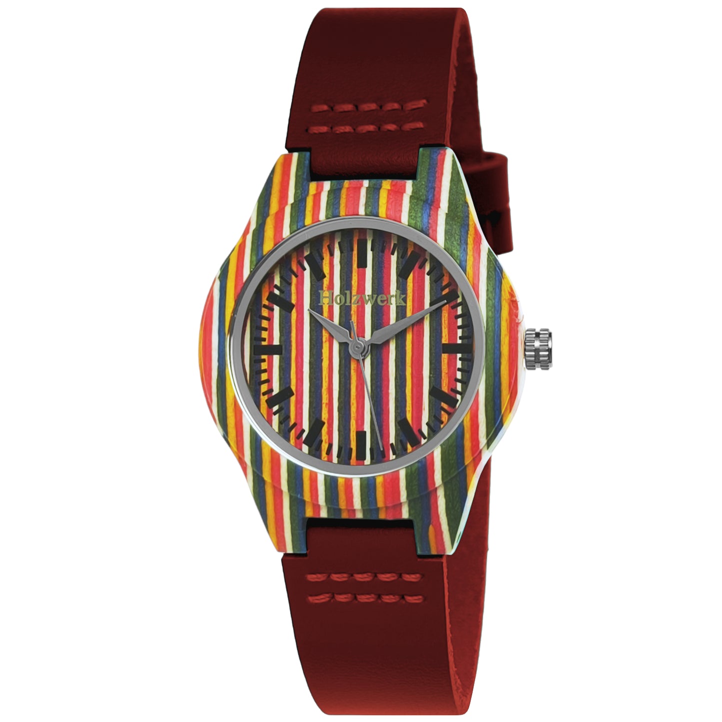 Holzwerk LINZ RED bunte kleine Regenbogen Damen und Kinder Armbanduhr, Holz & Leder Armband Uhr, LGBTQ Uhr, modische Holzuhr, dunkel rot, Hauptbild