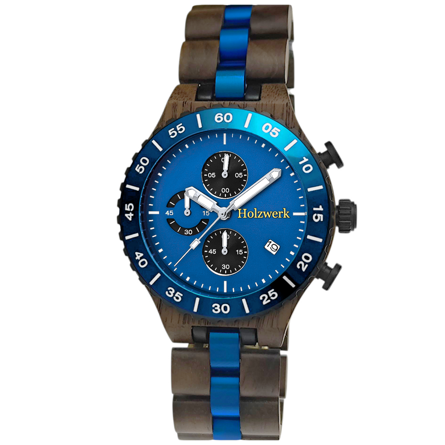 Holzwerk LOHMAR Chronographen-Uhr aus Walnuss-Holz mit Chronographen, Datumsanzeige und blau-schwarzem Ziffernblatt, frontal